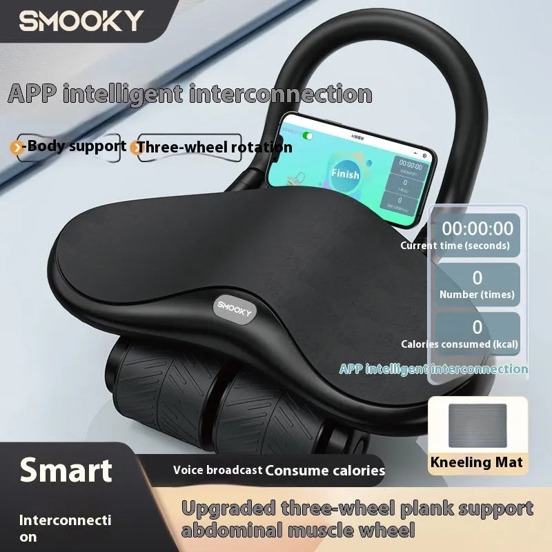 Three-wheel abdominal fitness equipment with automatic rebound in black colour with included knee pad
