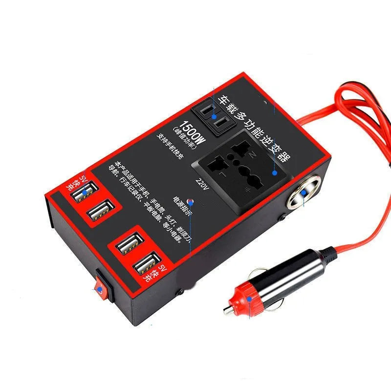 Black automotive power converter with 220V socket and four USB ports for car use