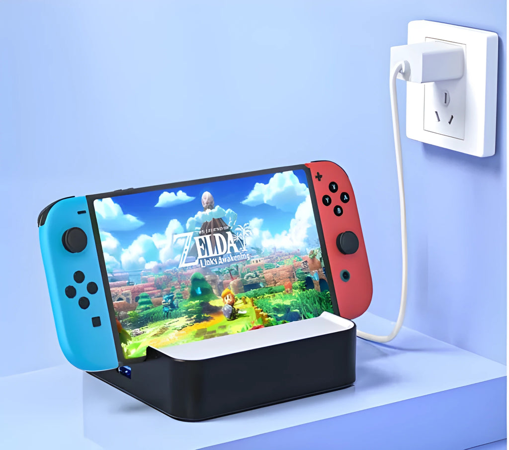Black game console adapter with aluminium alloy housing showing HDMI port and Type-C charging connection