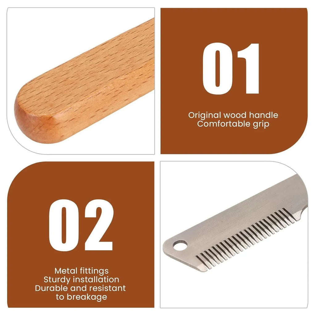Pet stripping comb with wood handle and metal teeth for removing hair from dogs and cats