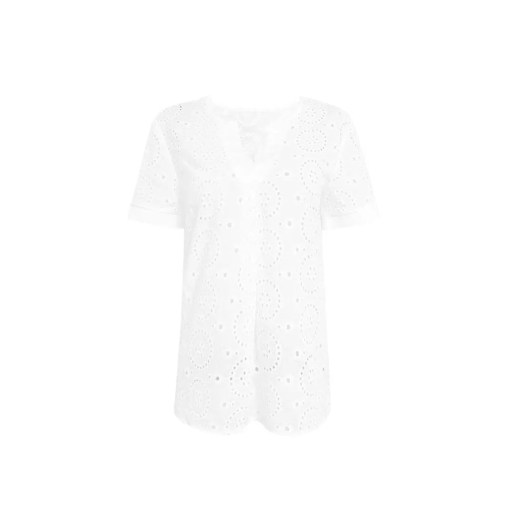 White women's V-neck T-shirt with hollow out pattern detail on the front.