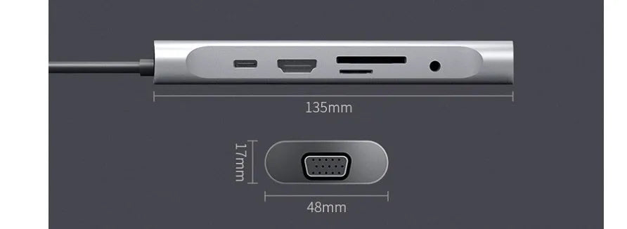 Grey aluminium USB-C docking station with HDMI, VGA, and USB 3.0 ports.