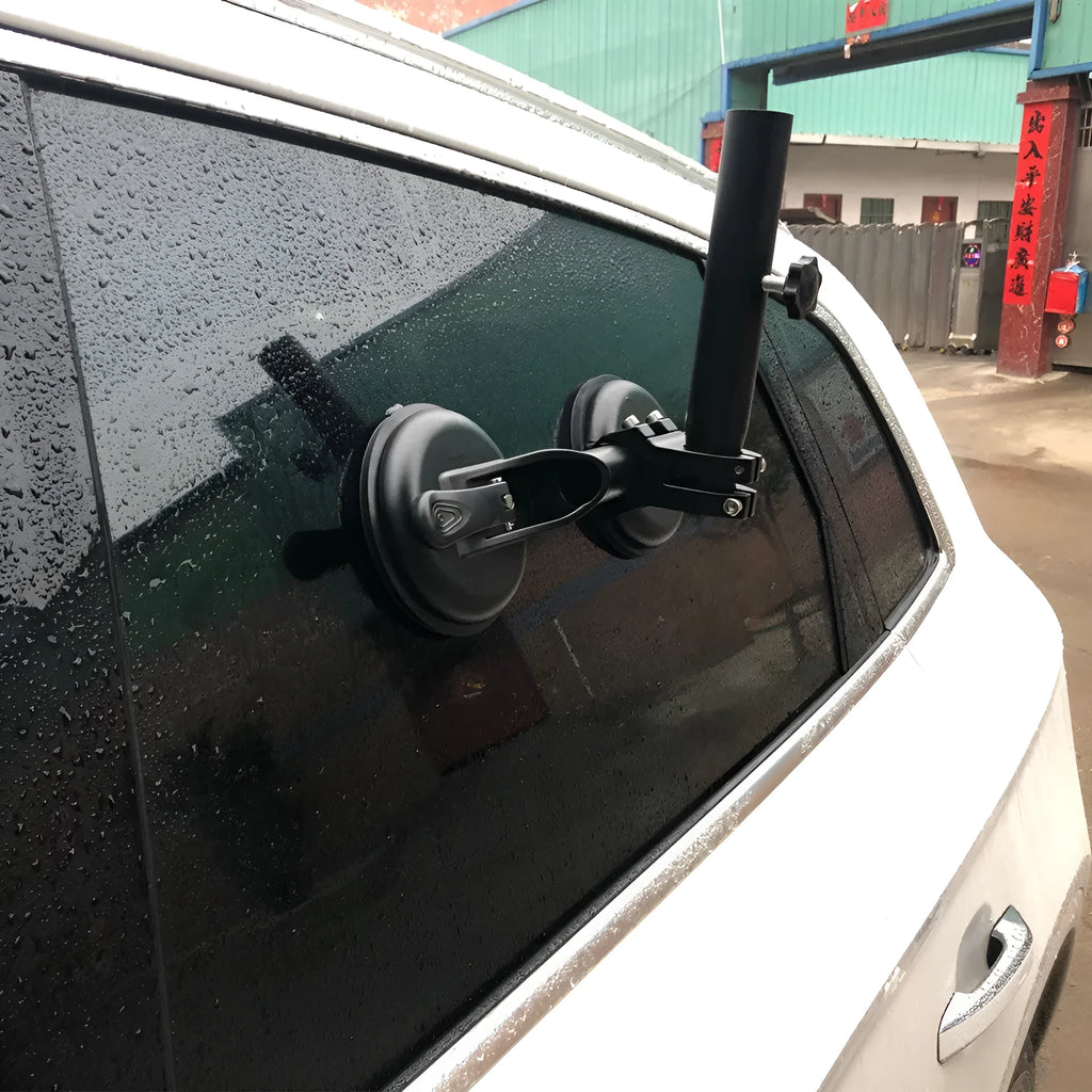 Black off-road car glass sucker mount with round rubber suction cup on ABS plastic base