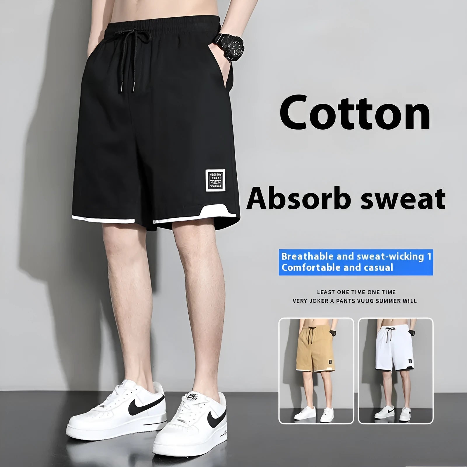 Cotton shorts for teenage boys in black, khaki, and white, showing mid-waist fit and shorts length.