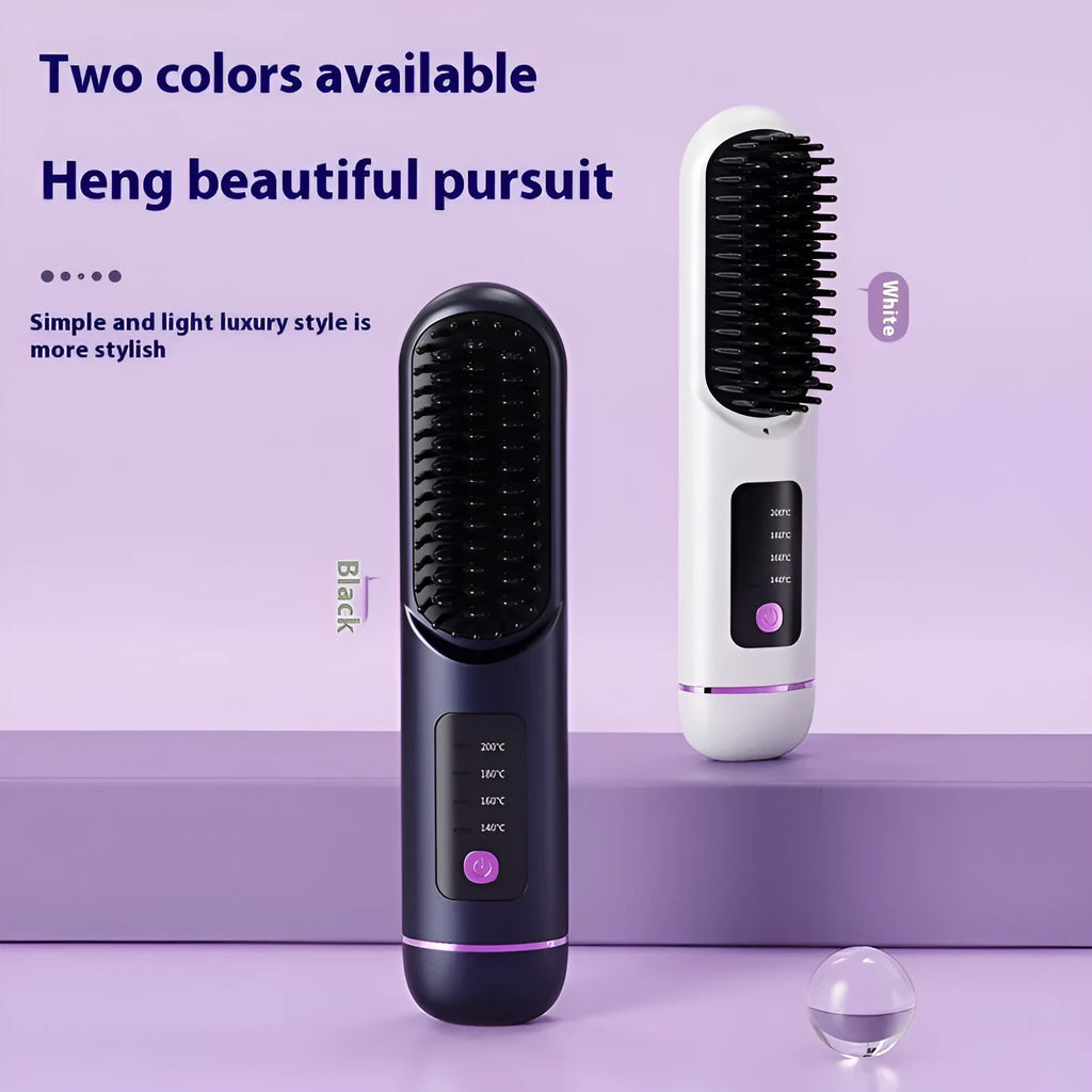 White, dark blue, and grey portable rechargeable negative ion hair comb for static control and straightening.
