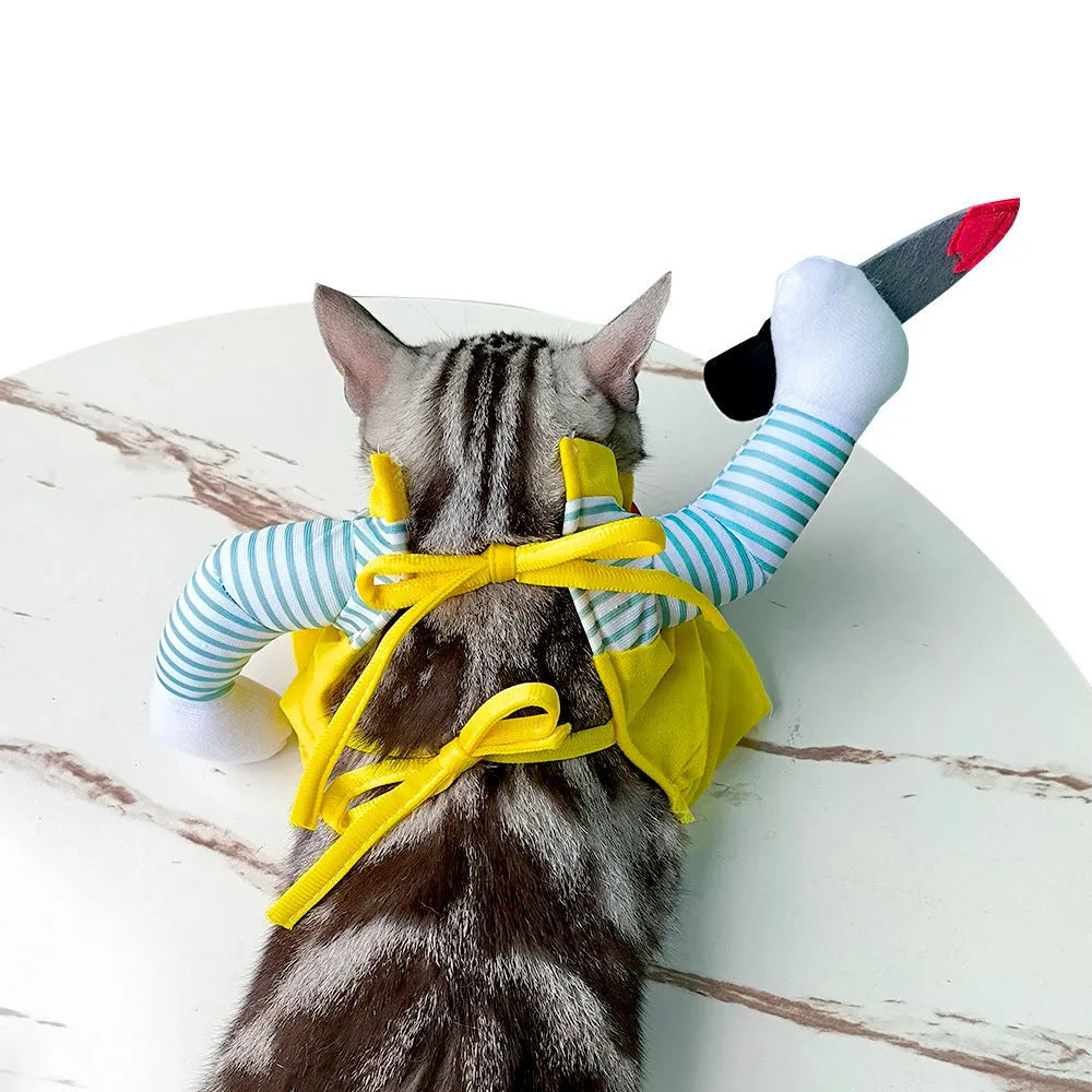 Yellow knife assassin cat costume clothing on feline model showing polyester construction