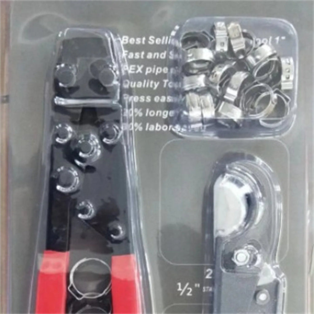 Red metal PEX clamp set with carbon steel cutting edge for pipe fitting