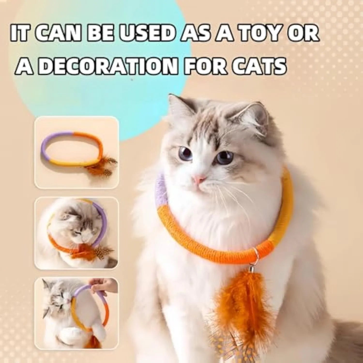 Green circular cotton rope cat toy with white feathers and catnip for indoor cats