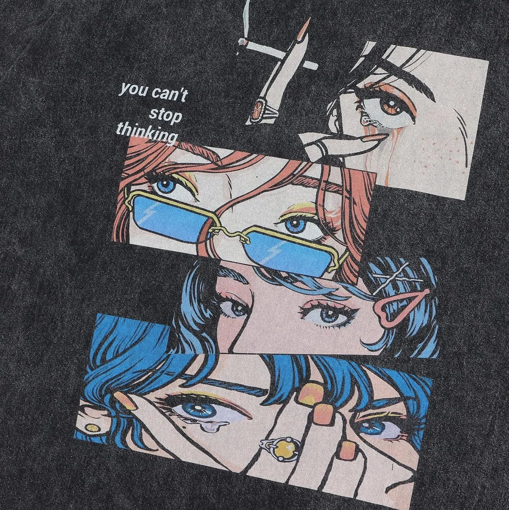 Men's loose fit cotton t-shirt with cartoon digital print in washed black, short sleeve casual top
