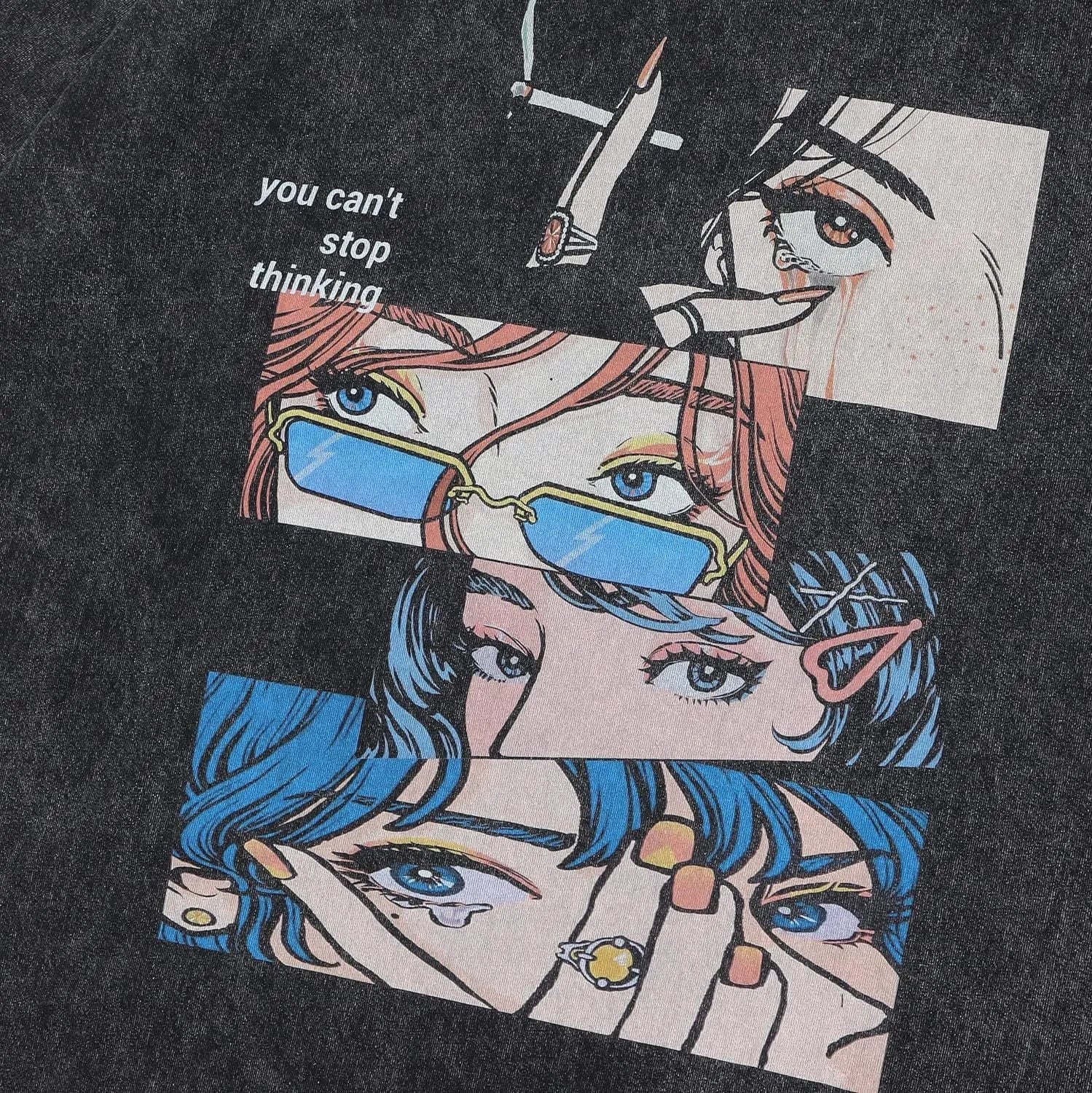 Men's loose fit cotton t-shirt with cartoon digital print in washed black, short sleeve casual top