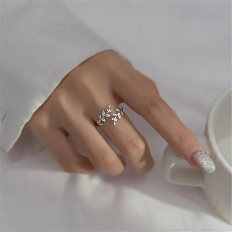 Women's adjustable copper leaf branch ring with electroplated gold or silver geometric design