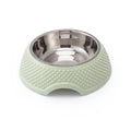Stainless steel pet bowl with non-slip base in blue, green, and pink colour options.