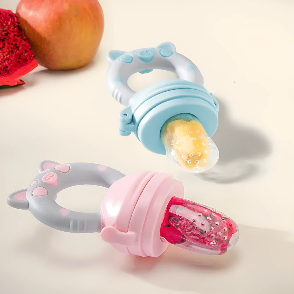 Silicone baby teether in blue, green, and pink colours with mouthpiece design options