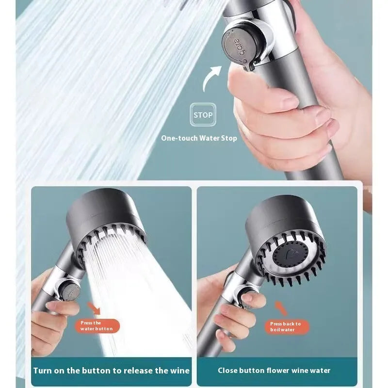 Portable massage shower head with third gear adjustment for spray, massage, and rain functions