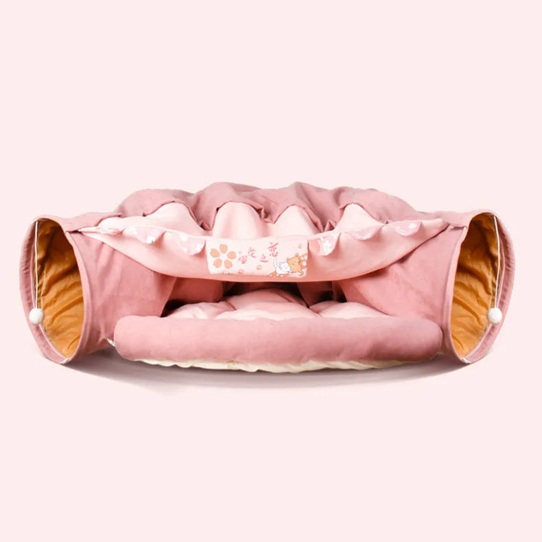 Collapsible cloth cat tunnel folded and unfolded showing Bar, Coffee, Matcha, Pink colour options