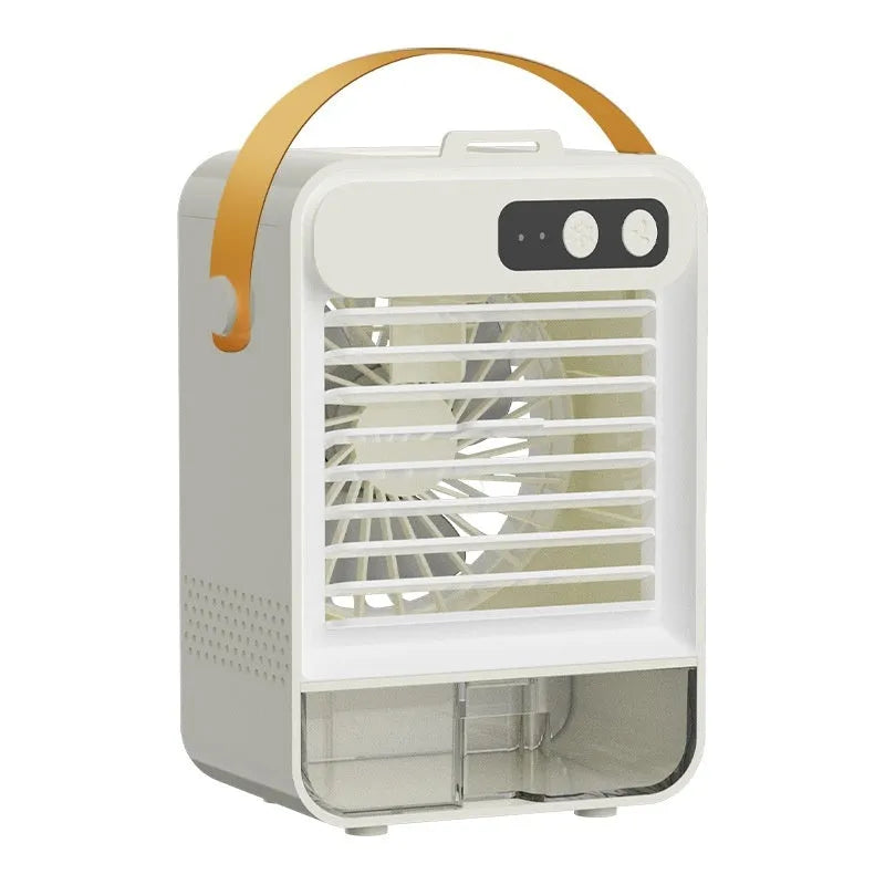 Dark green and ivory white coloured small USB desktop fan with 5 blades on a desk.