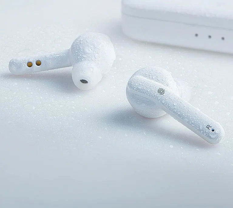 Black and white TWS wireless Bluetooth earbuds with an IPX5 waterproof rating.