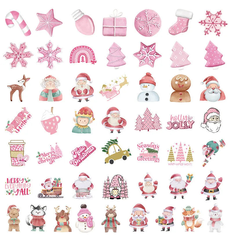Assortment of 50 cute Christmas-themed waterproof stickers ranging from 4cm to 8cm in size.