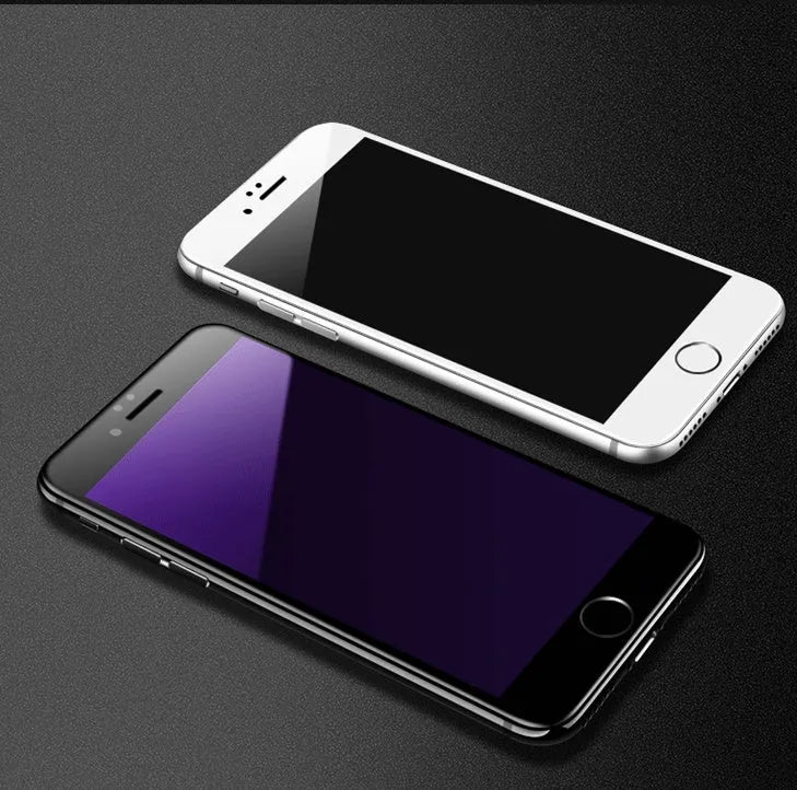 Tempered glass screen protector with carbon fibre soft edge for iPhone models.