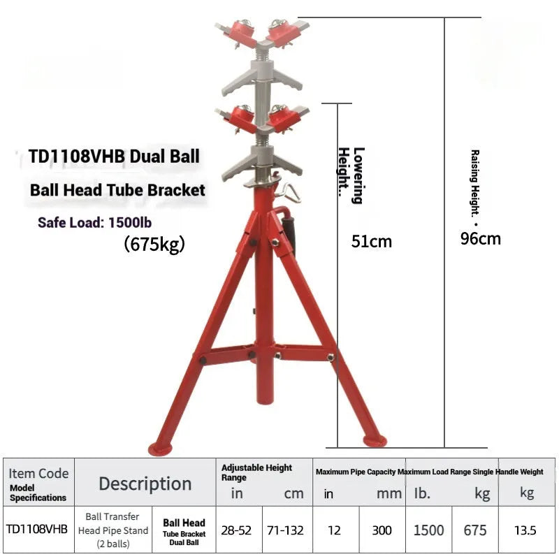 Metal V-head pipe support bracket with ball joints for mounting steel pipes.
