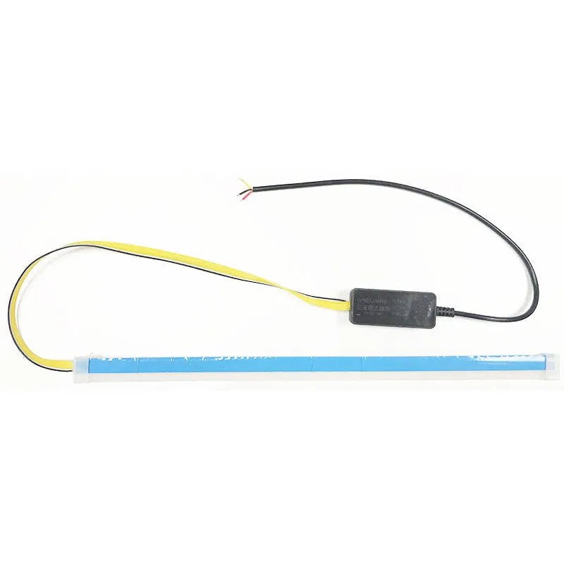 Car LED daytime running light strip with flowing turn signal in waterproof silicone, showing wire connections