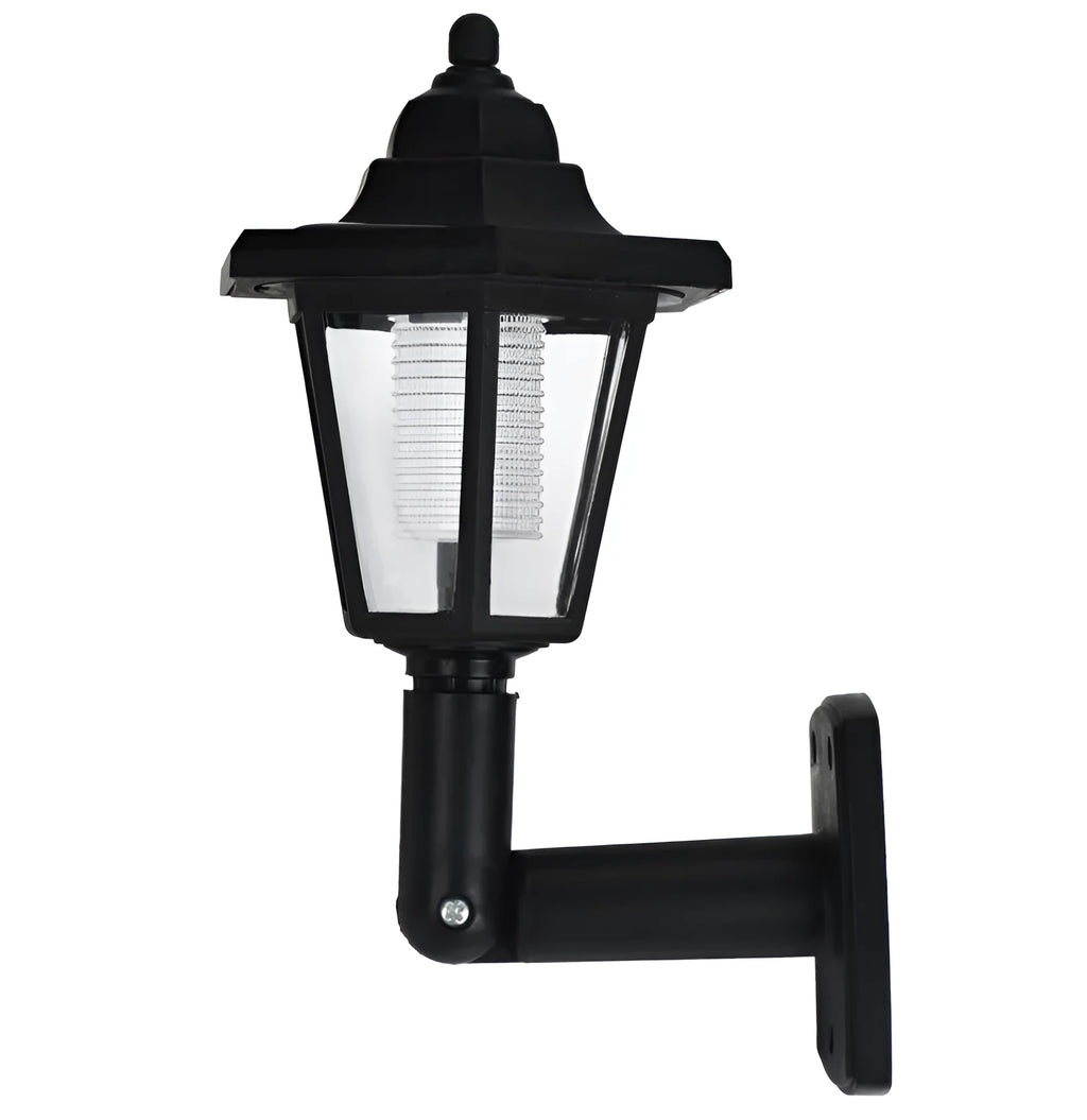 Black hexagonal solar wall lamp for outdoor garden or patio mounting