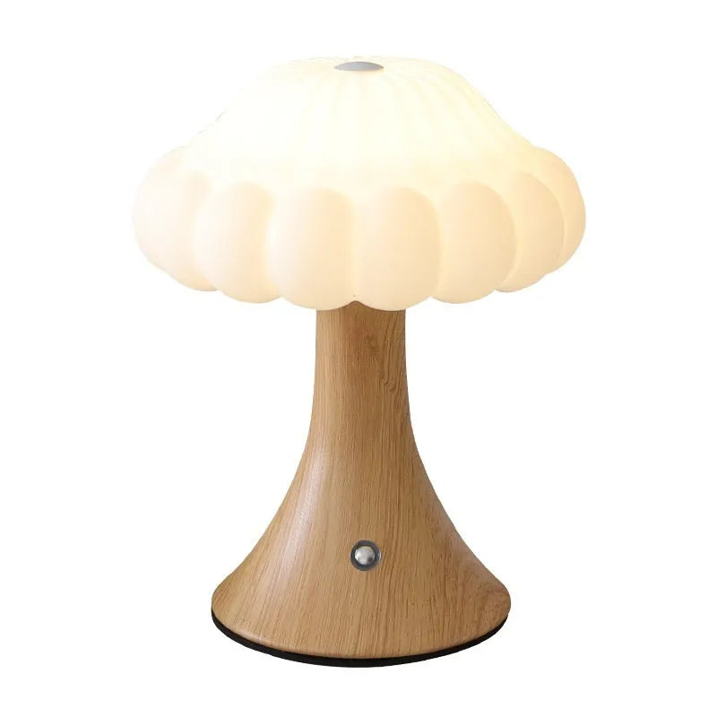 Mushroom-shaped USB rechargeable touch control night lamp in wood grain finish