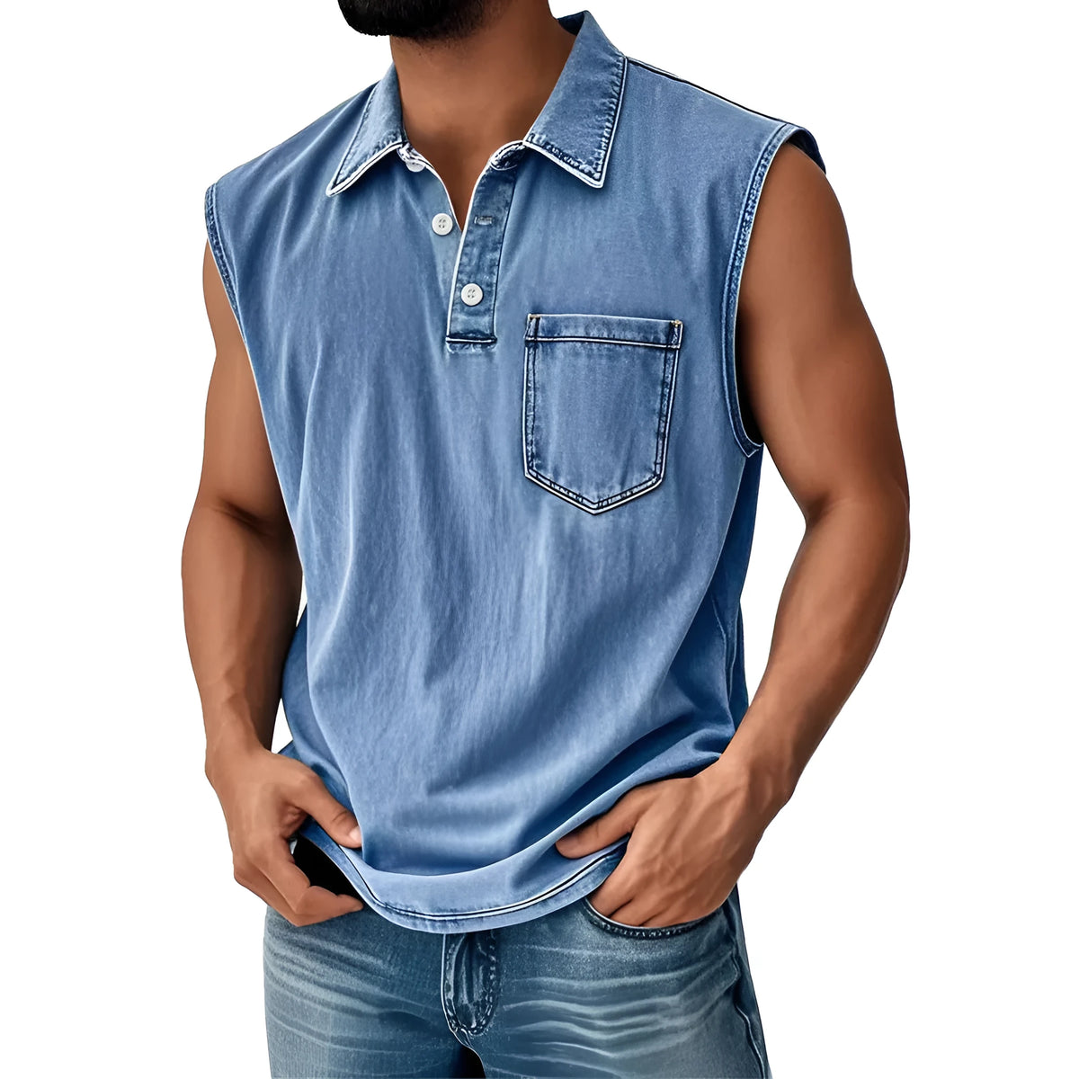 Man wearing a short sleeve polo shirt with a 3D digital print design in a loose fit.