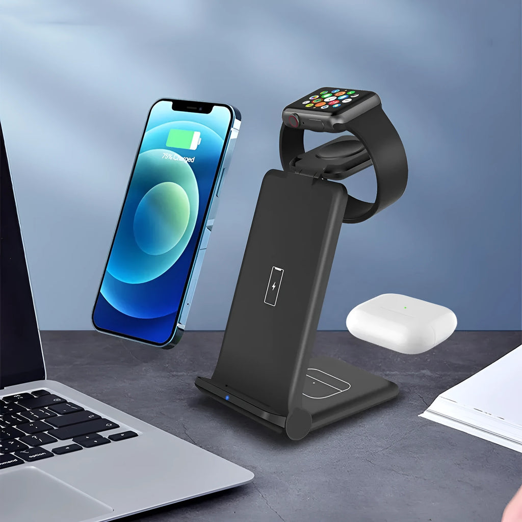 White 3-in-1 wireless charging station dock for iPhone, Apple Watch and AirPods, showing foldable design.