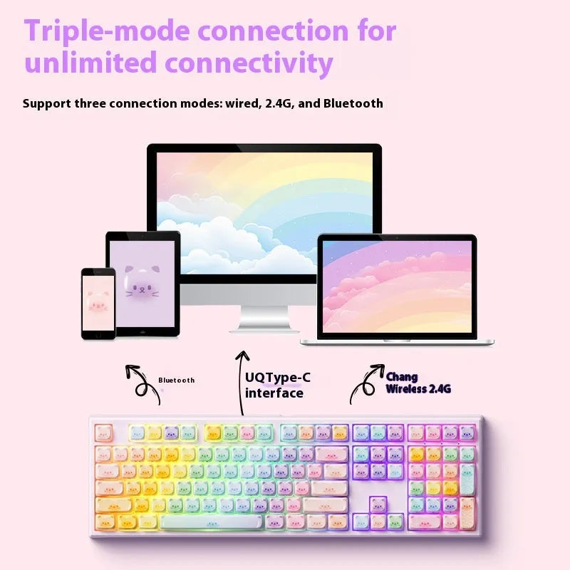 Coloured sugar cat design mechanical keyboard with Gateron piano switches and Bluetooth connectivity