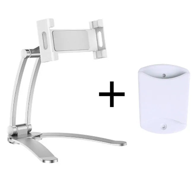 Silver aluminium alloy desktop stand holding a tablet, showing its adjustable clip and mounting base.