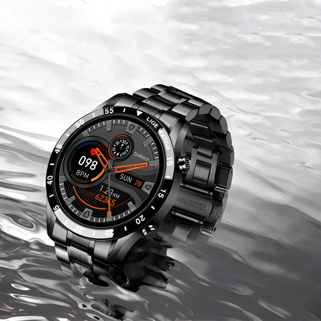Smart watch with stainless steel wristband and 1.3-inch touch screen display