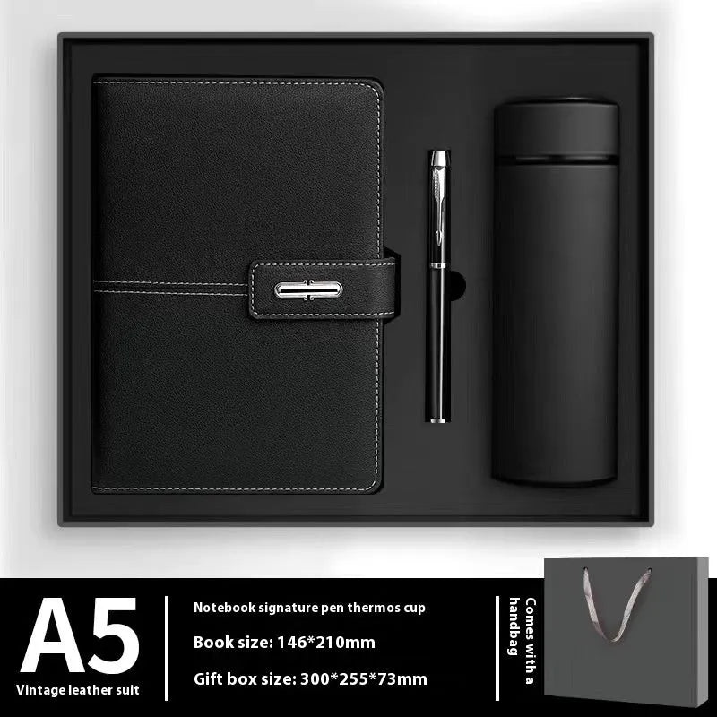 A5 notebook with PU leather cover shown in multiple colour options including black, red, green, blue, and orange.