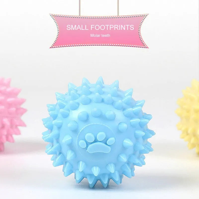 Blue TPR rubber dog chewing ball with footprint texture for tooth cleaning, 6cm diameter