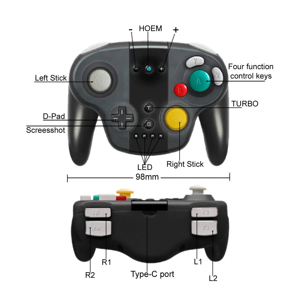 Black wireless gamepad controller for Nintendo Switch and PC with colourful packaging