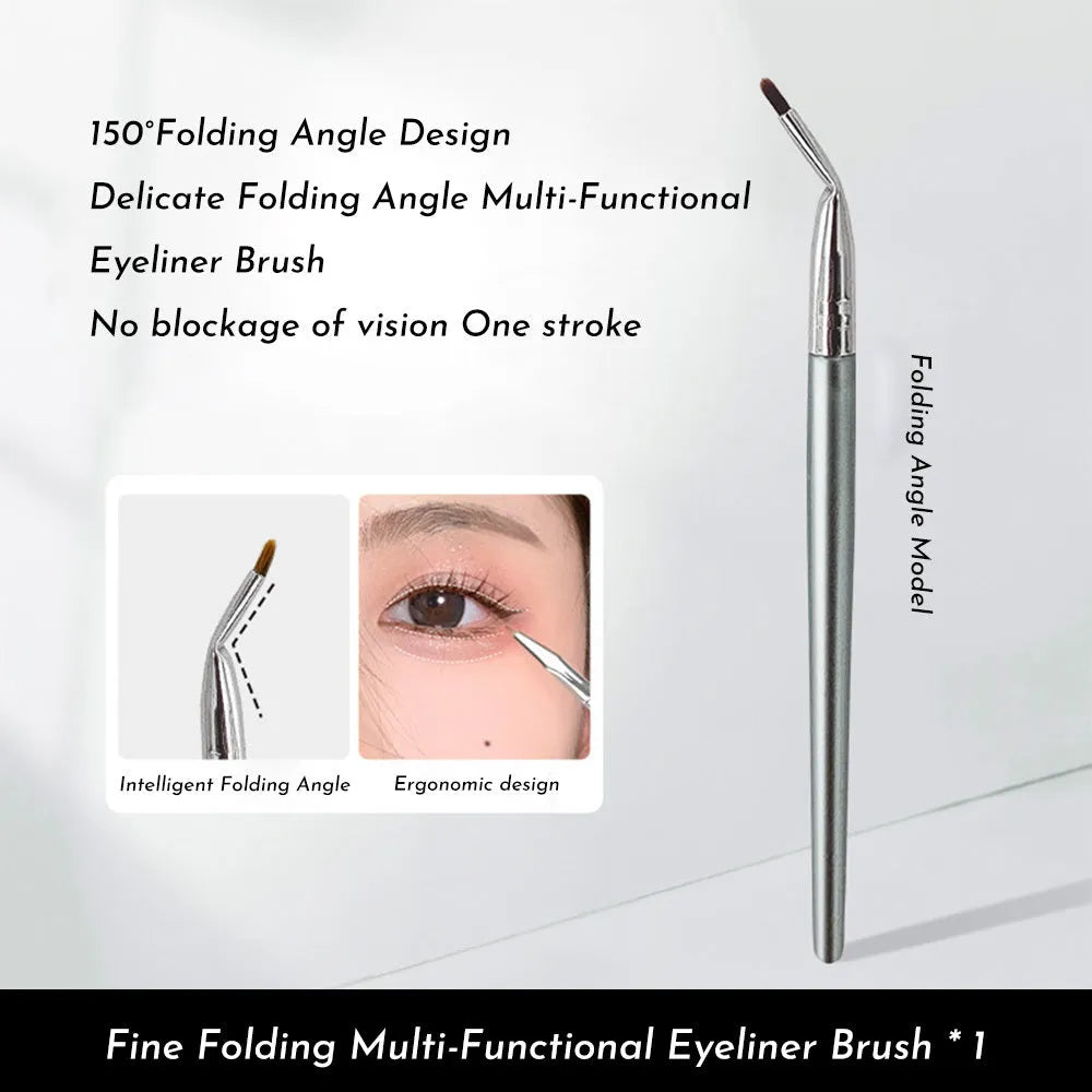 Close-up of a bend head angled makeup brush for eyeliner and eye detail.