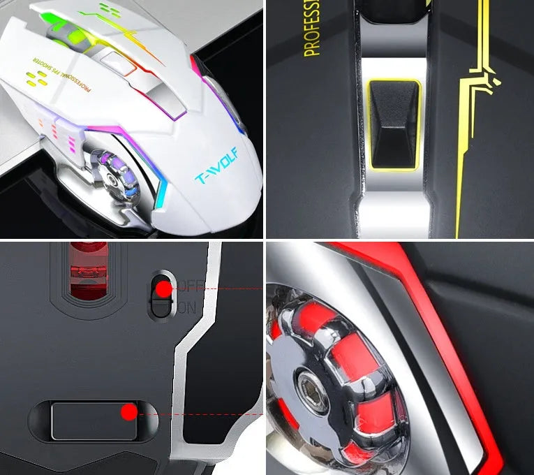 Black and white wireless silent mouse with six buttons on a desk next to a laptop