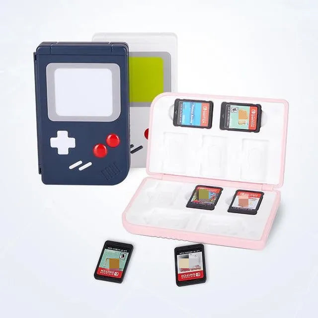 Nintendo Switch game card storage box in white, pink and blue colours