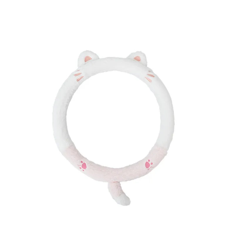 Plush car steering wheel cover with embroidered cartoon animal design for winter driving