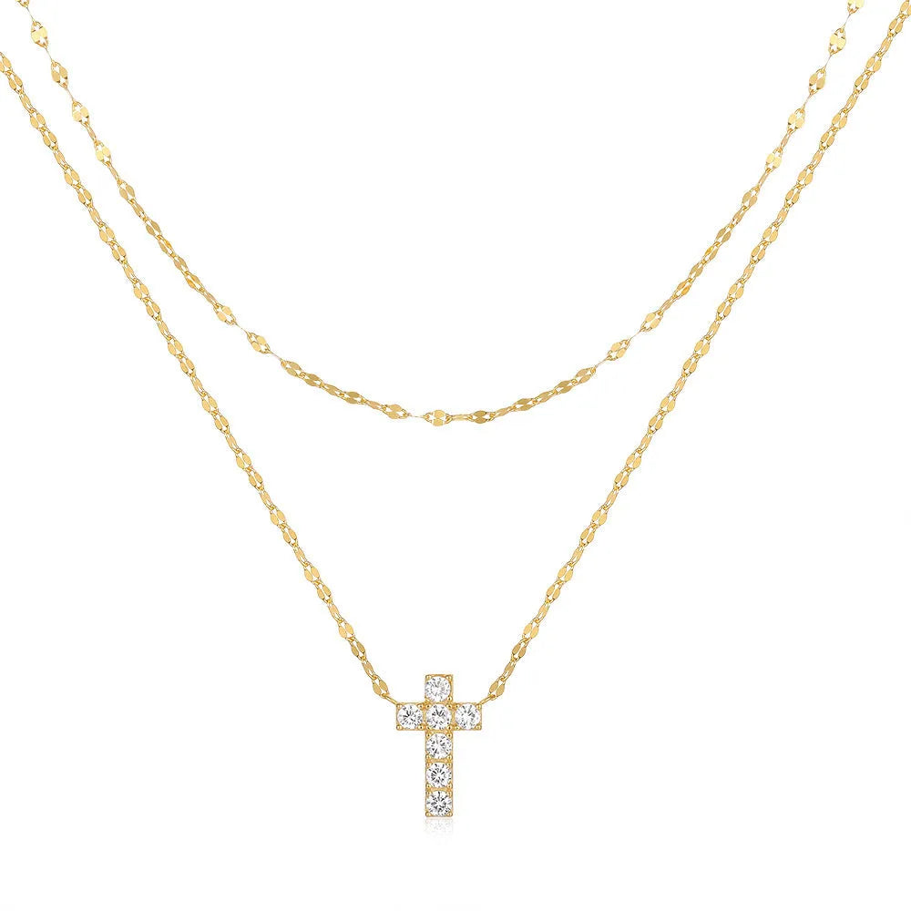 S925 sterling silver double layer twin diamond cross pendant necklace on clavicle chain