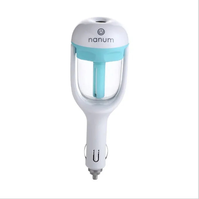 Compact blue car humidifier with 180 degree rotation spray for vehicle air quality improvement