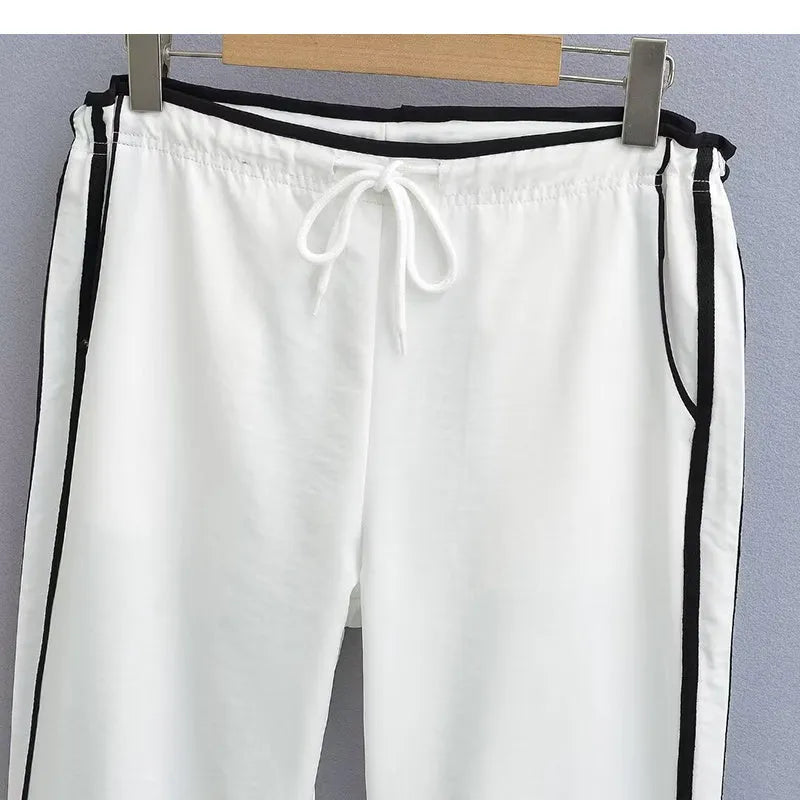 Women's slim drape trousers with contrast ribbon parallel bars detailing and loose straight leg cut