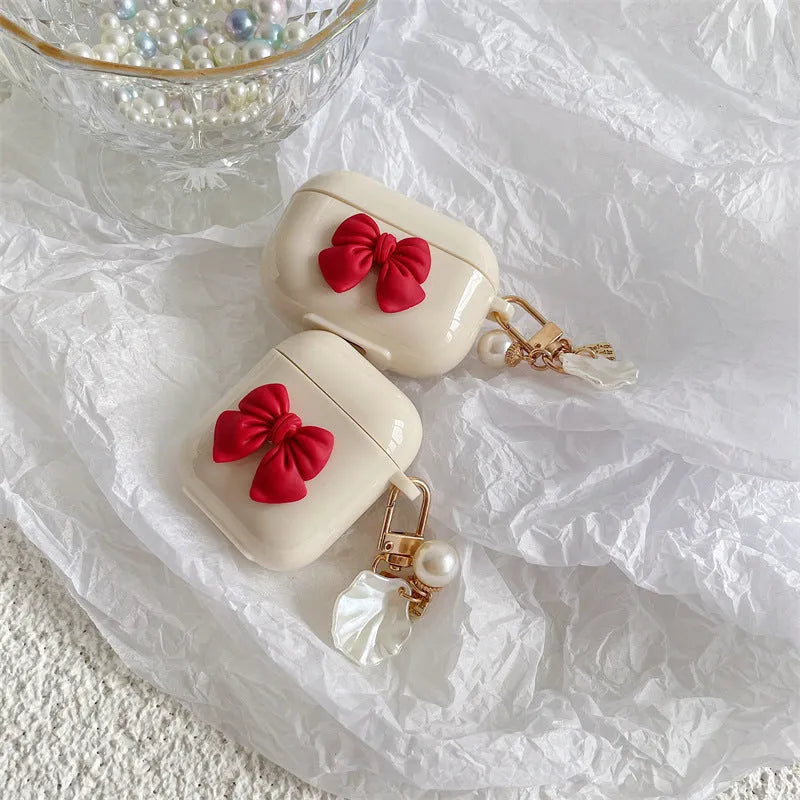 Beige red bow shell pendant TPU case for AirPods Pro and AirPods 1-3 wireless earphones