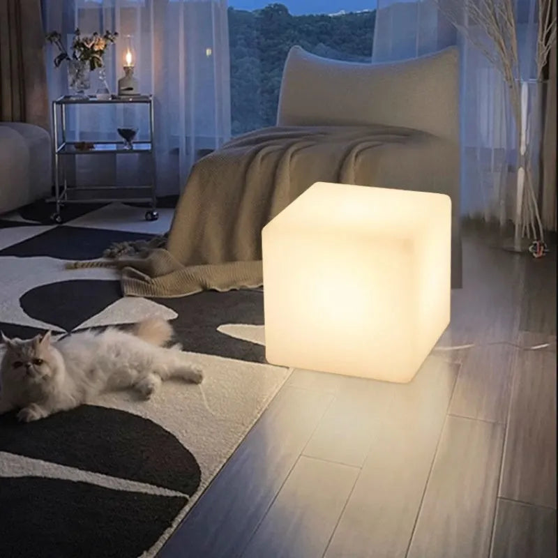 Square LED waterproof cube stool light in modern design with solar and rechargeable power options