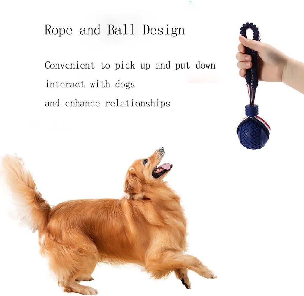 Blue or red natural rubber dog ball with attached rope for tug-of-war and teeth cleaning