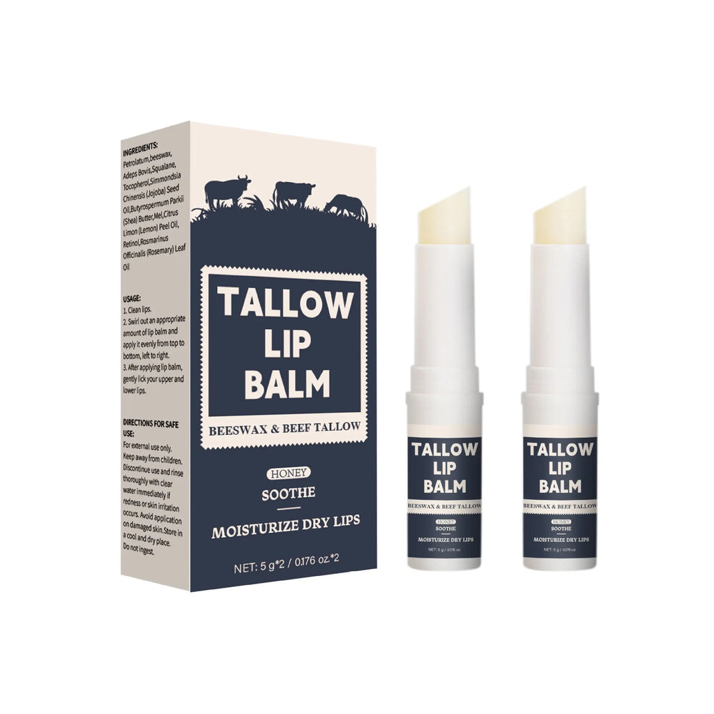 Two standard size beef fat lip balms with light grain texture for moisturising lips.
