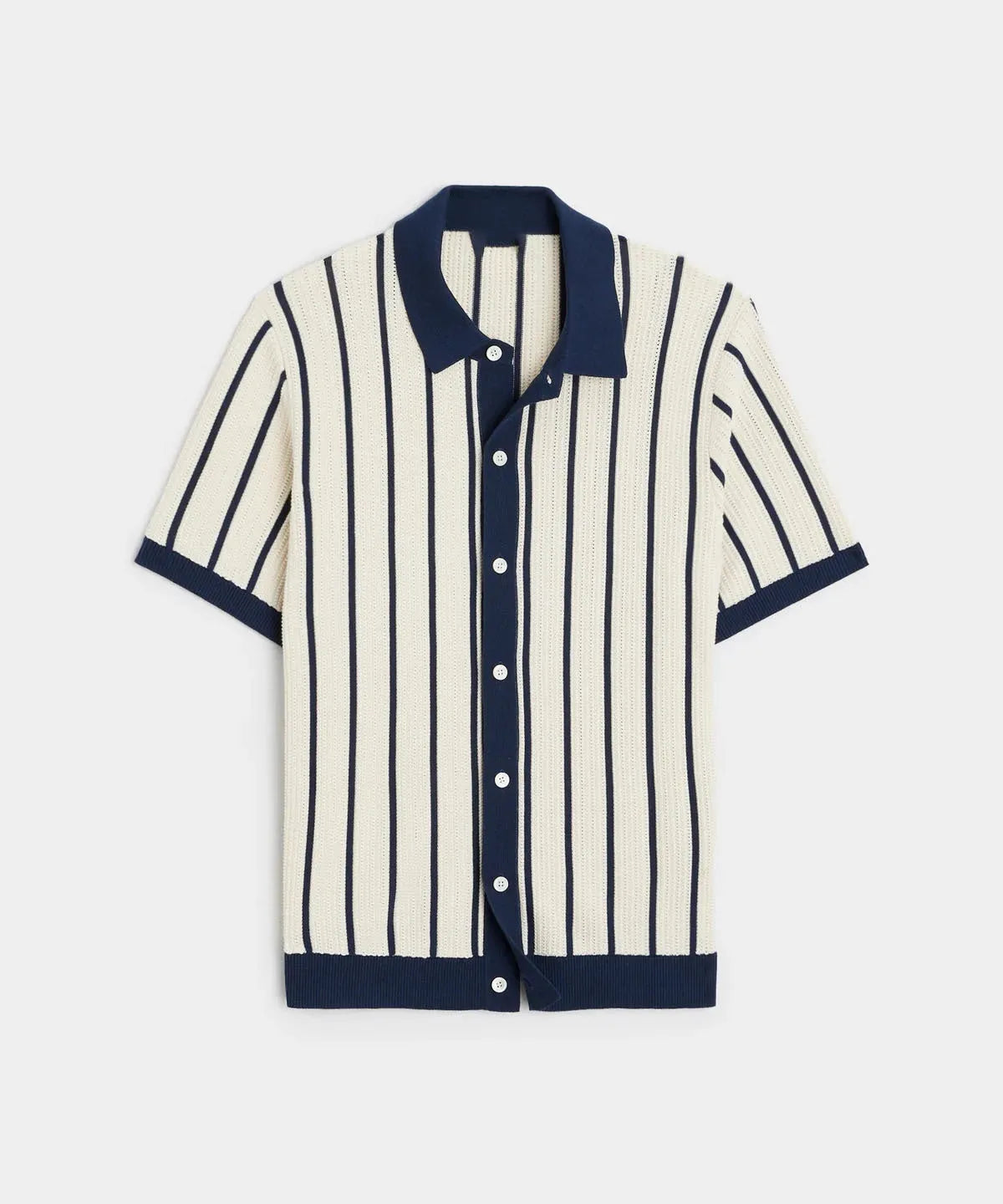 Men's white asymmetric knitted short sleeve top with lapel collar and striped pattern