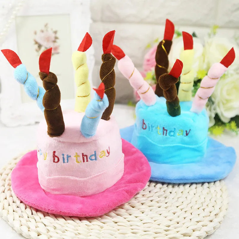 Blue and pink dog birthday hat shown with dimensions 21cm long by 15cm wide
