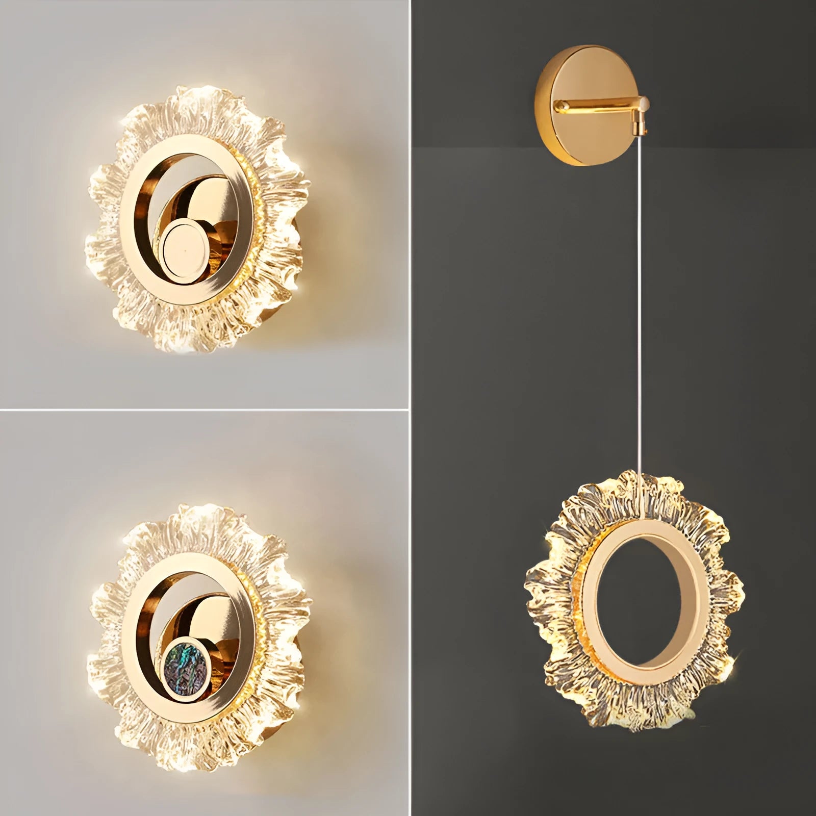 Modern minimalist wall lamp with acrylic shade in bedroom setting showing three light colour options