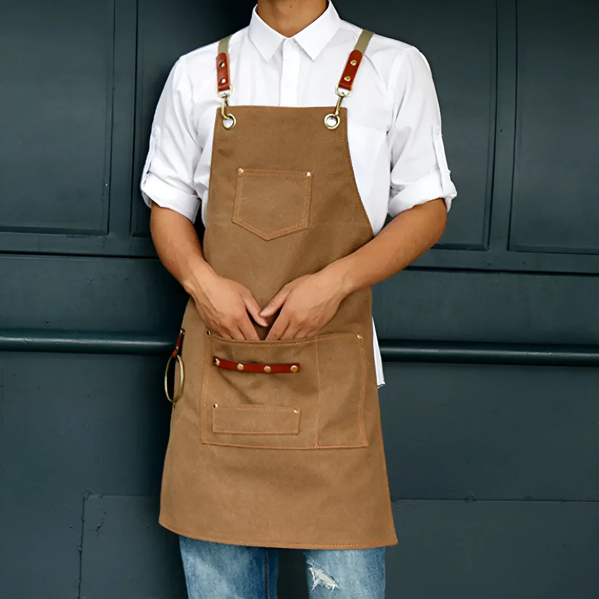 Cross-back strap canvas apron in camel colour with Han Chinese style, shown on a model.